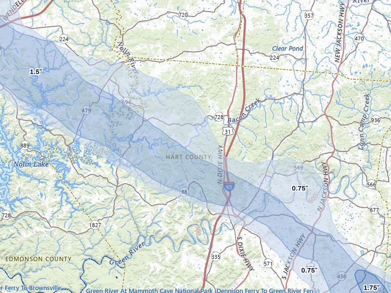 NEXRAD radar-signature map of the hail over Munfordville, KY