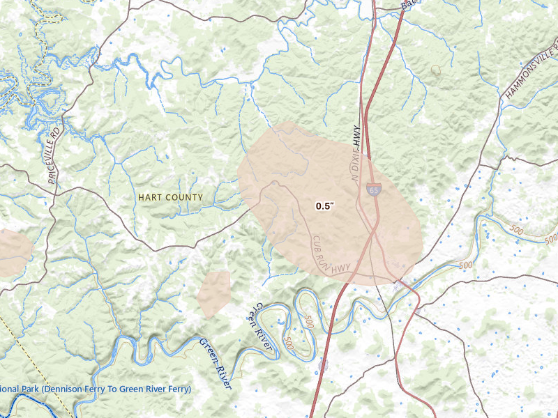 Radar-estimated hail-size map of the storm over Munfordville, KY on Aug 12, 2026