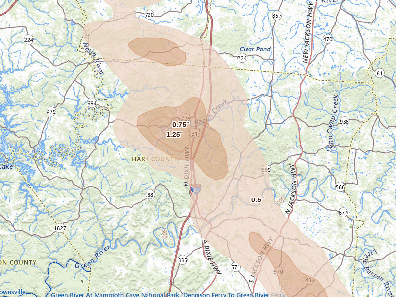 Radar-estimated hail-size map of the storm over Munfordville, KY on Aug 22, 2026