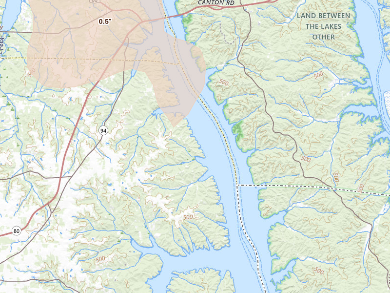 Radar-estimated hail-size map of the storm over Murray, KY on May 31, 2026