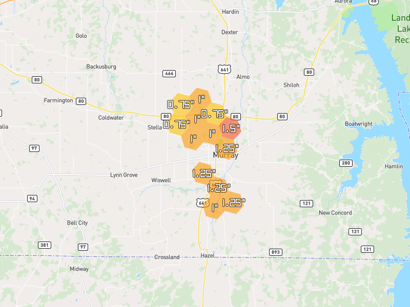 Hail map of Murray, KY on Jul 3, 2026, hail up to 1.5"
