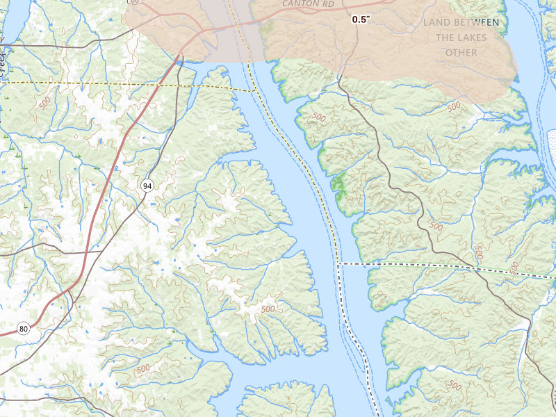 Radar-estimated hail-size map of the storm over Murray, KY on Jul 9, 2026