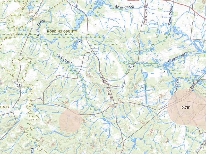 Radar-estimated hail-size map of the storm over Nebo, KY on Jul 2, 2026