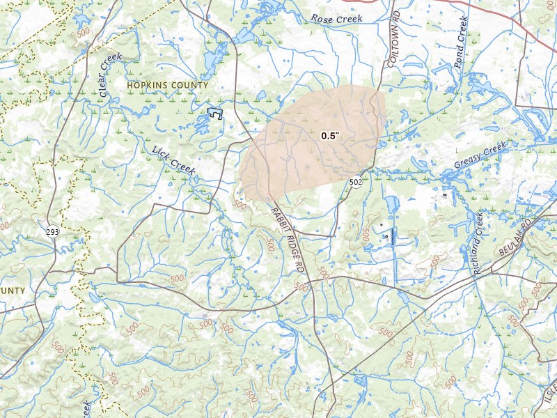 Radar-estimated hail-size map of the storm over Nebo, KY on Jul 10, 2026