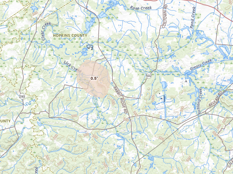 Radar-estimated hail-size map of the storm over Nebo, KY on Jul 26, 2026
