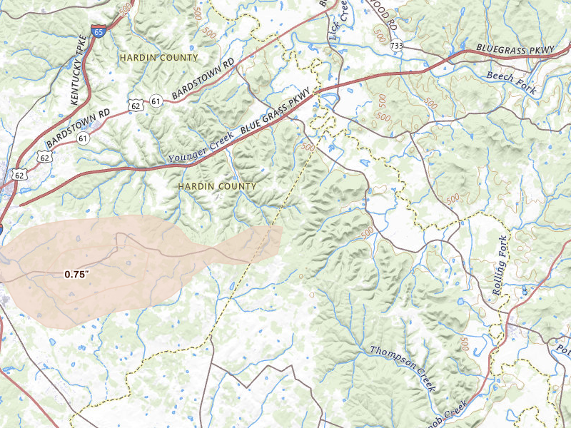 Radar-estimated hail-size map of the storm over New Haven, KY on Apr 1, 2026