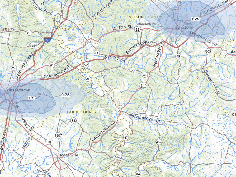 NEXRAD radar-signature map of the hail storm over New Haven, KY on Apr 1, 2026