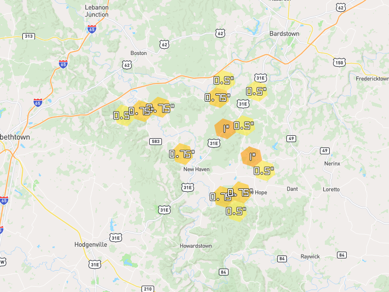 Hail map of New Haven, KY on Jul 21, 2026, hail up to 1"