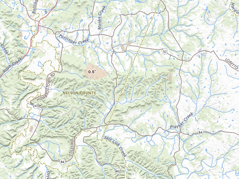 Radar-estimated hail-size map of the storm over New Hope, KY on Jul 21, 2026