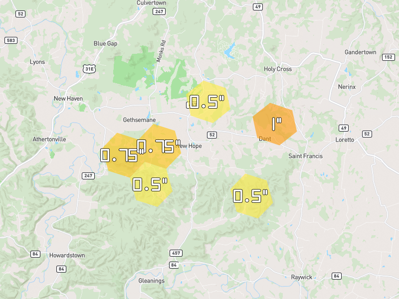 Hail map of New Hope, KY on Jul 21, 2026, hail up to 1"