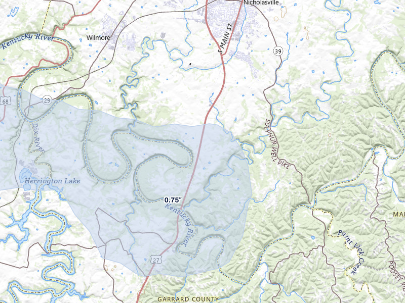 NEXRAD radar-signature map of the hail over Nicholasville, KY