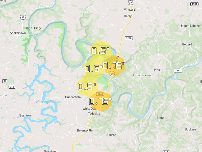 Hail map of Nicholasville, KY on Jul 21, 2026, hail up to 0.75"