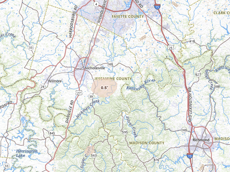 Radar-estimated hail-size map of the storm over Nicholasville, KY on Aug 6, 2026