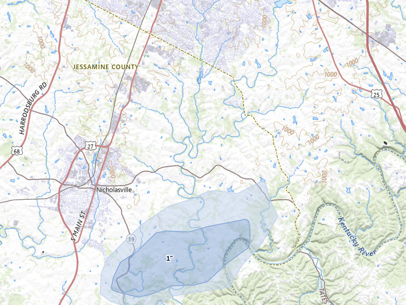 NEXRAD radar-signature map of the hail storm over Nicholasville, KY on Aug 6, 2026