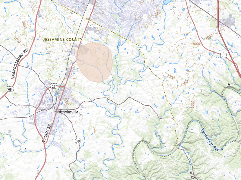 Radar-estimated hail-size map of the storm over Nicholasville, KY on Aug 11, 2026