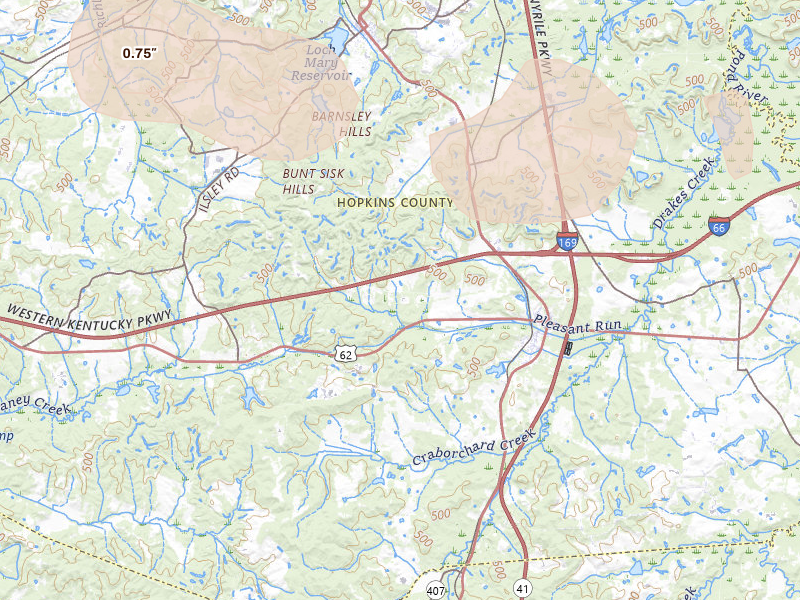 Radar-estimated hail-size map of the storm over Nortonville, KY on Jul 2, 2026