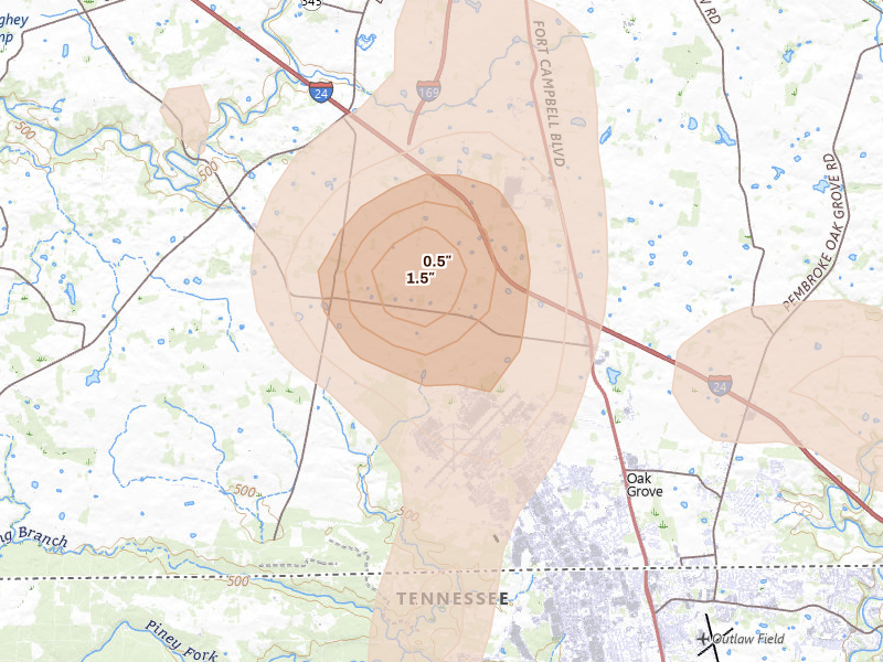 Radar-estimated hail-size map of the storm over Oak Grove, KY on Jul 2, 2026