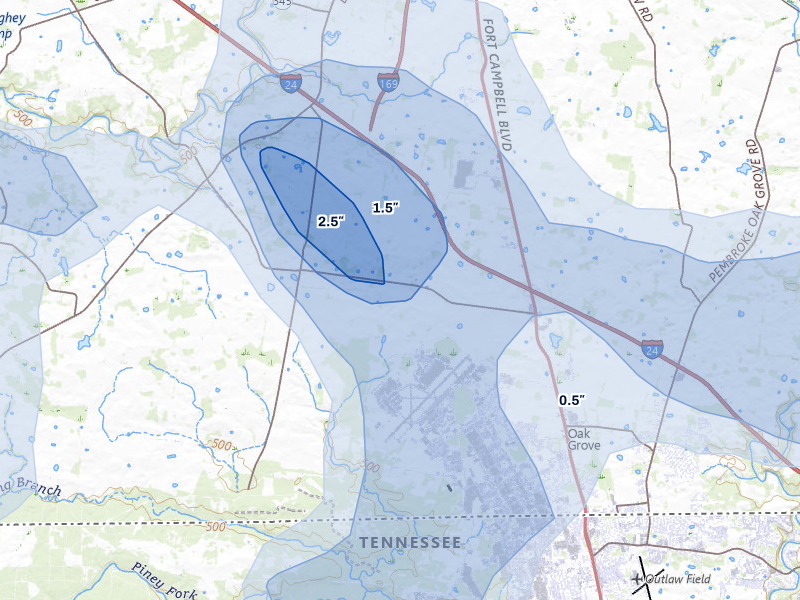 NEXRAD radar-signature map of the hail over Oak Grove, KY