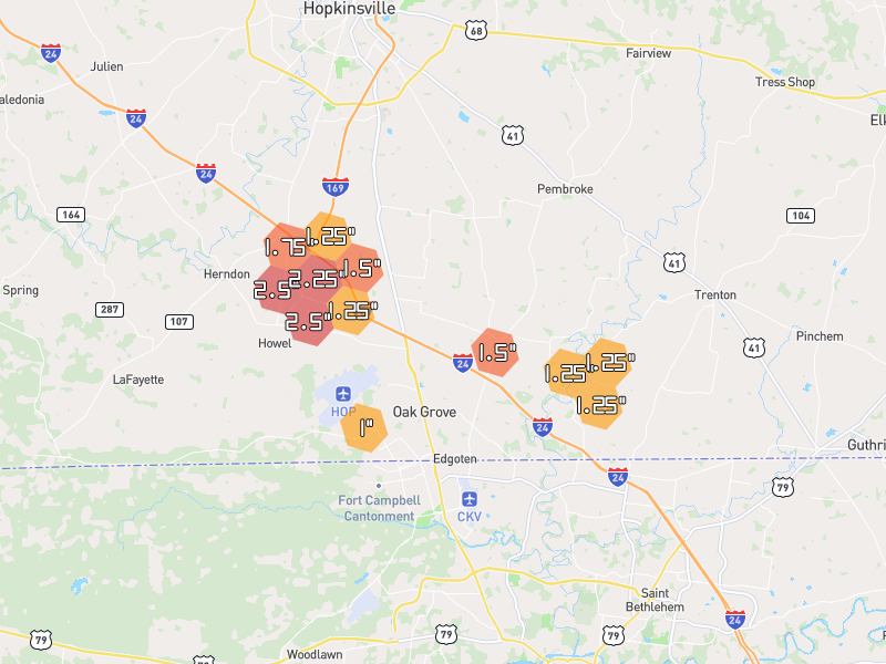 Hail map of Oak Grove, KY on Jul 2, 2026, hail up to 2.5"