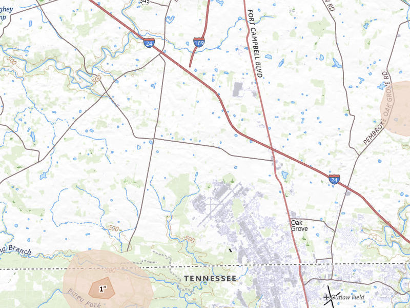 Radar-estimated hail-size map of the storm over Oak Grove, KY on Jul 3, 2026