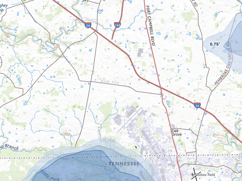 NEXRAD radar-signature map of the hail storm over Oak Grove, KY on Jul 3, 2026