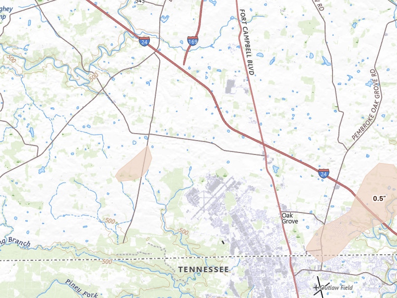 Radar-estimated hail-size map of the storm over Oak Grove, KY on Jul 5, 2026