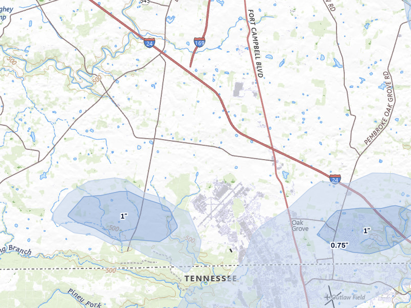 NEXRAD radar-signature map of the hail storm over Oak Grove, KY on Jul 5, 2026