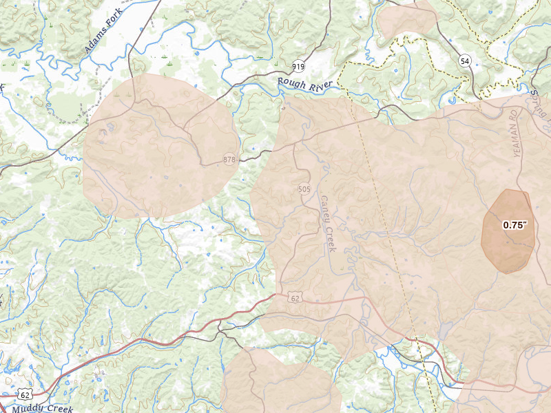 Radar-estimated hail-size map of the storm over Olaton, KY on Apr 27, 2026