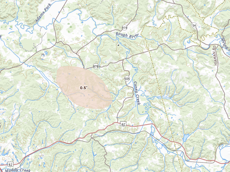 Radar-estimated hail-size map of the storm over Olaton, KY on Jul 26, 2026
