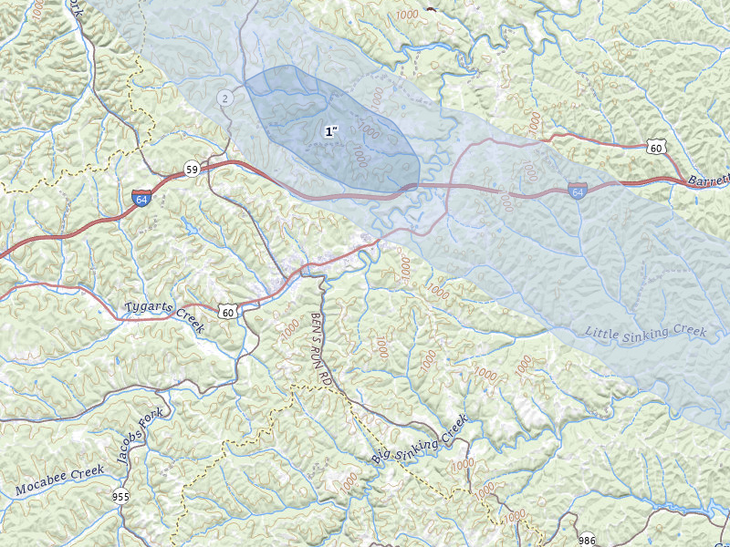 NEXRAD radar-signature map of the hail storm over Olive Hill, KY on Jul 28, 2026