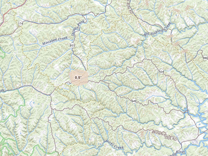 Radar-estimated hail-size map of the storm over Olive Hill, KY on Aug 15, 2026