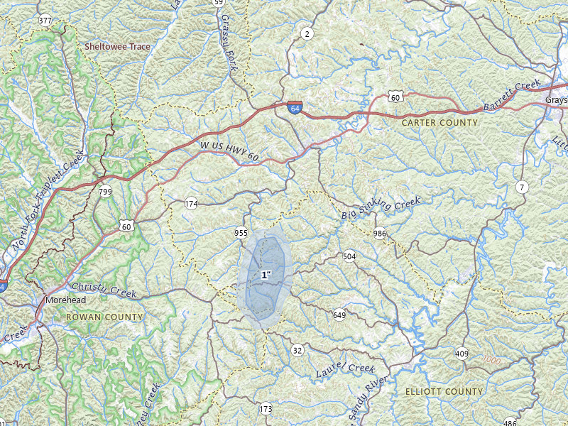 NEXRAD radar-signature map of the hail storm over Olive Hill, KY on Aug 15, 2026