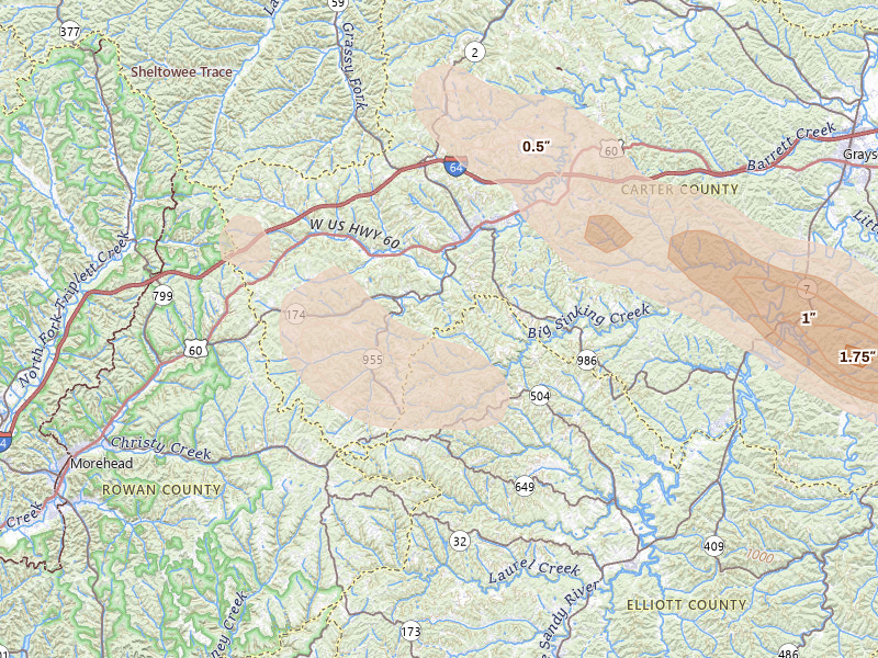Radar-estimated hail-size map of the storm over Olive Hill, KY on Aug 16, 2026