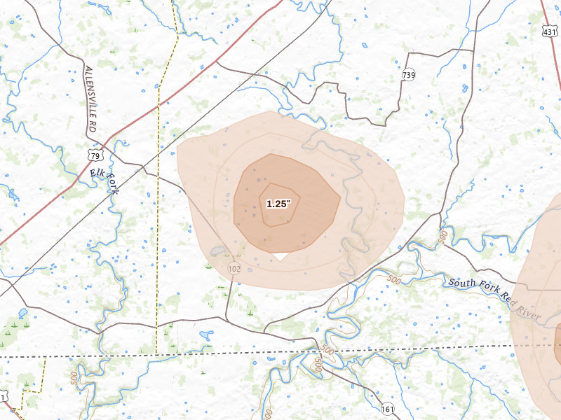 Radar-estimated hail-size map of the storm over Olmstead, KY on Jul 3, 2026
