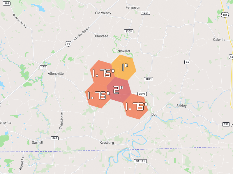 Hail map of Olmstead, KY on Jul 3, 2026, hail up to 2"