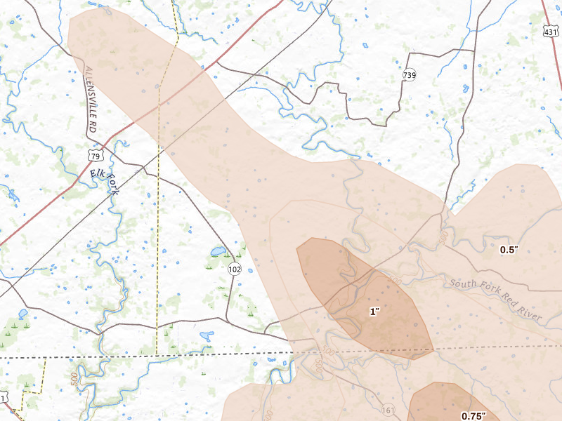 Radar-estimated hail-size map of the storm over Olmstead, KY on Jul 21, 2026
