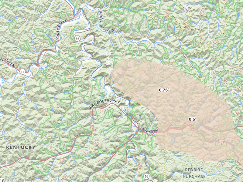 Radar-estimated hail-size map of the storm over Oneida, KY on Aug 11, 2026