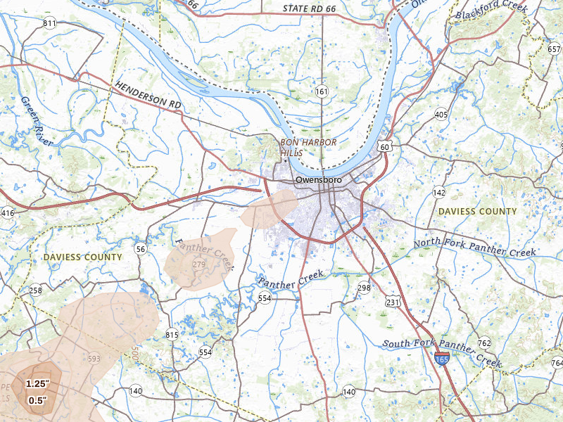 Radar-estimated hail-size map of the storm over Owensboro, KY on Apr 27, 2026