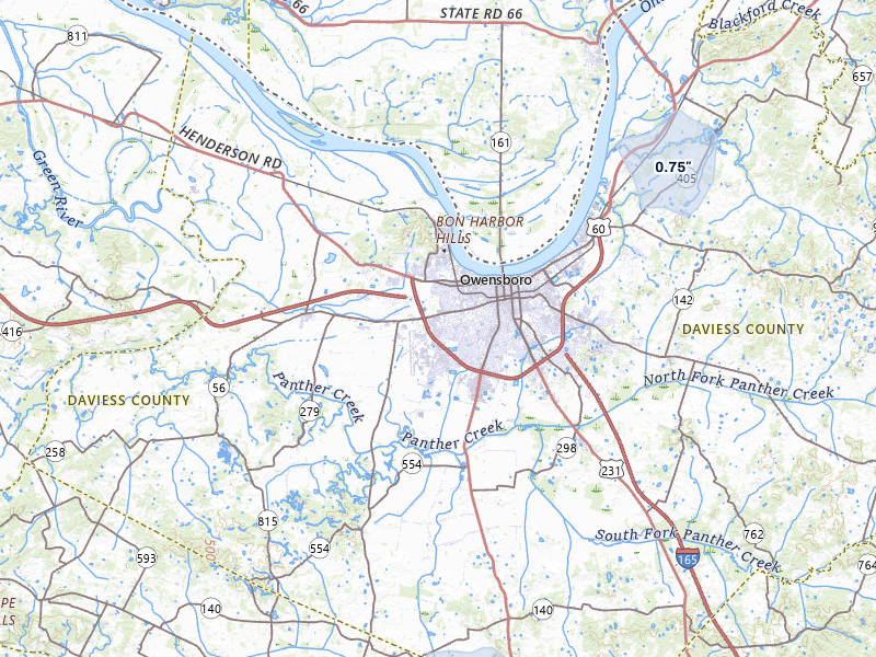 NEXRAD radar-signature map of the hail storm over Owensboro, KY on Jul 3, 2026