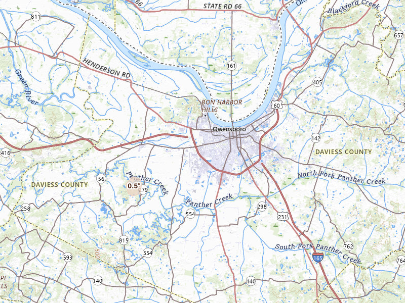 Radar-estimated hail-size map of the storm over Owensboro, KY on Jul 4, 2026