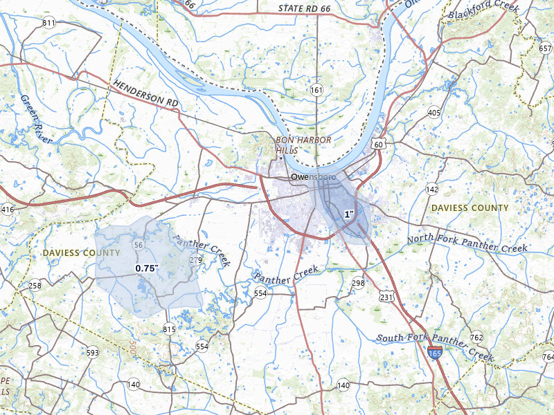 NEXRAD radar-signature map of the hail over Owensboro, KY