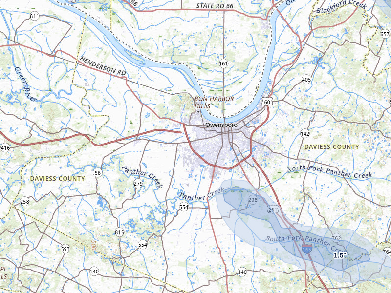 NEXRAD radar-signature map of the hail storm over Owensboro, KY on Jul 9, 2026