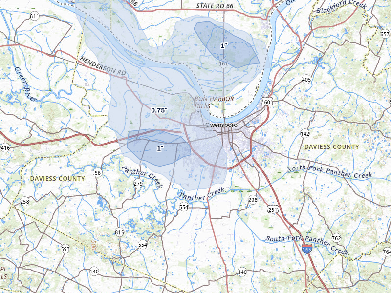 NEXRAD radar-signature map of the hail storm over Owensboro, KY on Jul 26, 2026