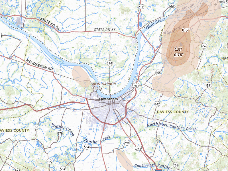 Radar-estimated hail-size map of the storm over Owensboro, KY