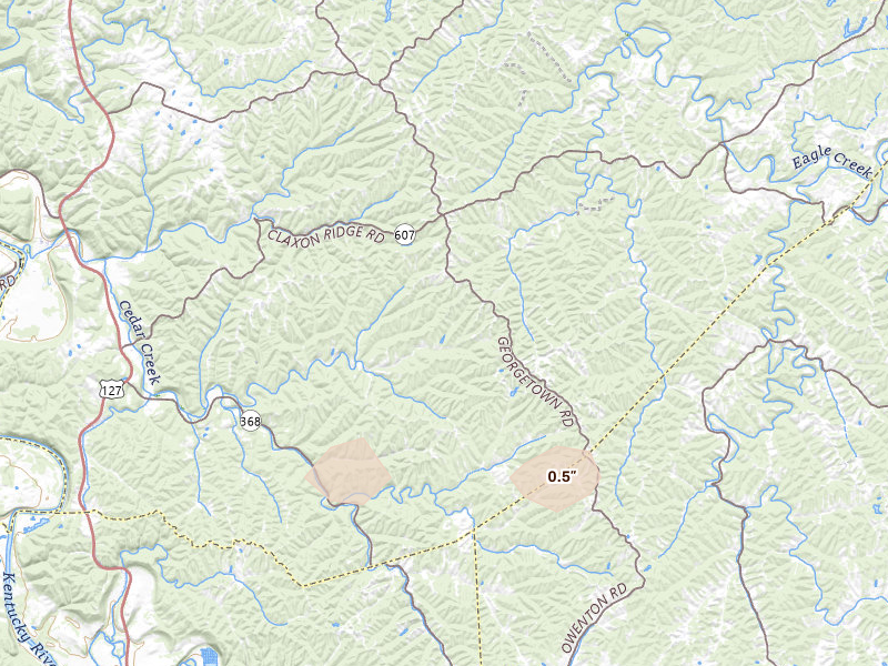 Radar-estimated hail-size map of the storm over Owenton, KY on Mar 4, 2026