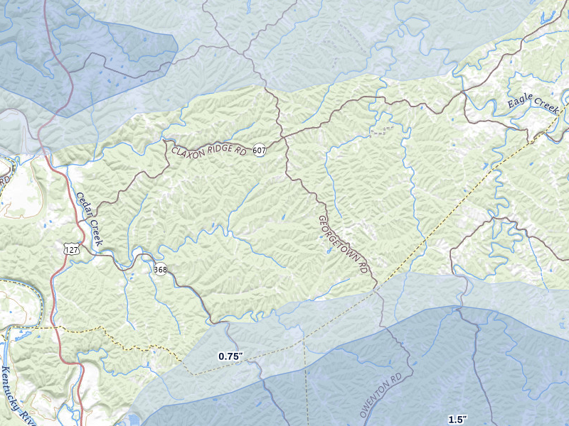 NEXRAD radar-signature map of the hail storm over Owenton, KY on May 16, 2026