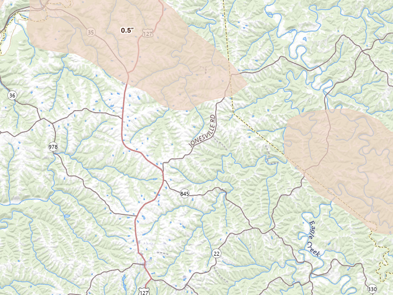 Radar-estimated hail-size map of the storm over Owenton, KY on Jul 21, 2026