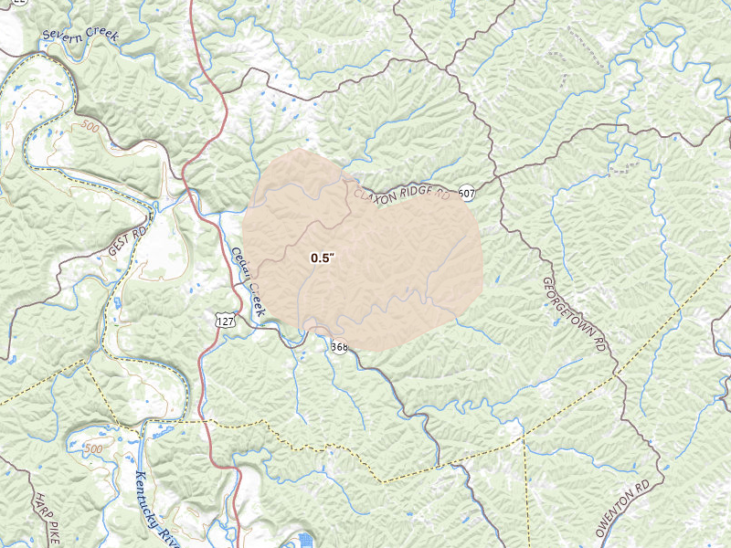 Radar-estimated hail-size map of the storm over Owenton, KY on Aug 11, 2026