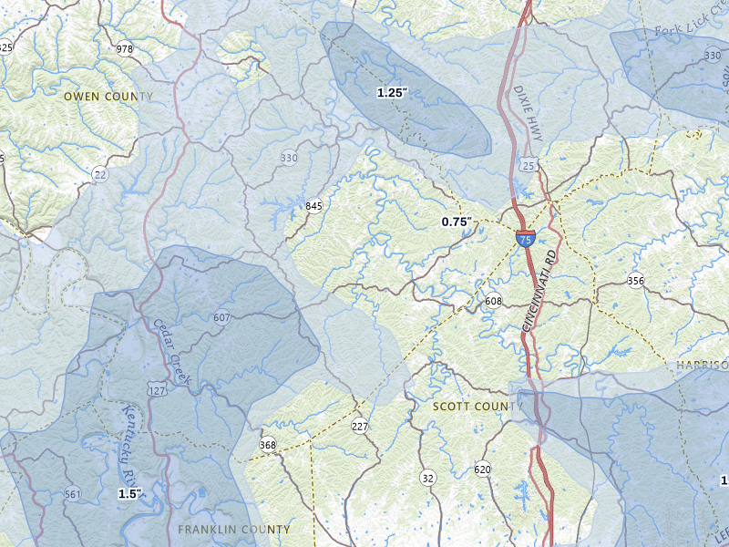 NEXRAD radar-signature map of the hail storm over Owenton, KY on Aug 11, 2026