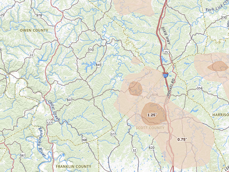 Radar-estimated hail-size map of the storm over Owenton, KY on Aug 15, 2026